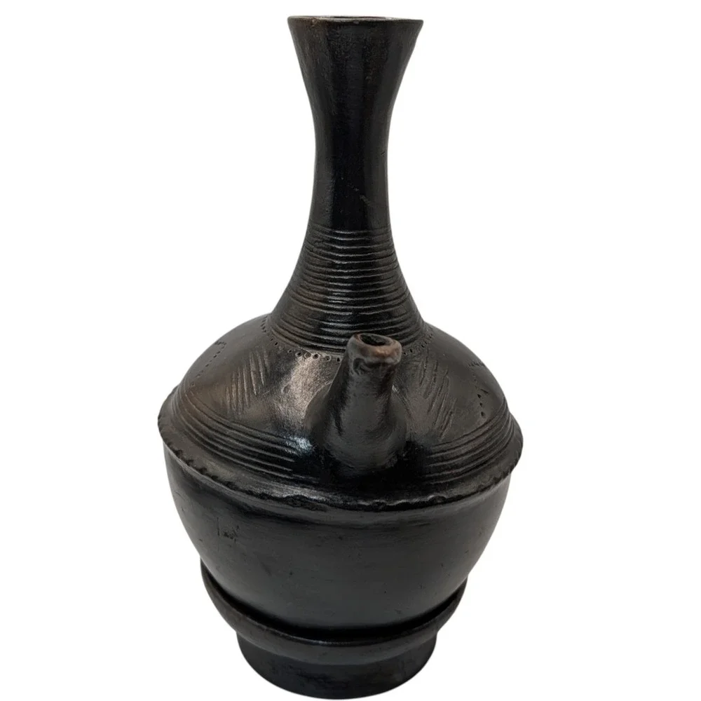Vintage Ethiopian Jebena Pot Handmade with Stand Black Clay Coffee Pot Two Piece